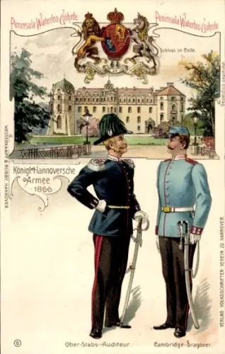 Litho Kgl. Hannoversche Armee 1866, Schloss in Celle, Ober-Stabs-Auditeur, Cambridge-Dragoner