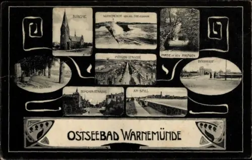 Passepartout Ak Ostseebad Warnemünde Rostock, Kirche, Strom, Blücherstraße, Bahnhof, Mühlenstraße
