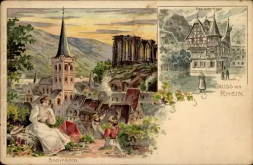Künstler Litho K. Nitzsche, Bacharach am Rhein, Kirche, Ruine, Das alte Haus
