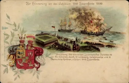 Wappen Litho dänisches Linienschiff Christian VIII, Vernichtung vor Eckernförde 1849