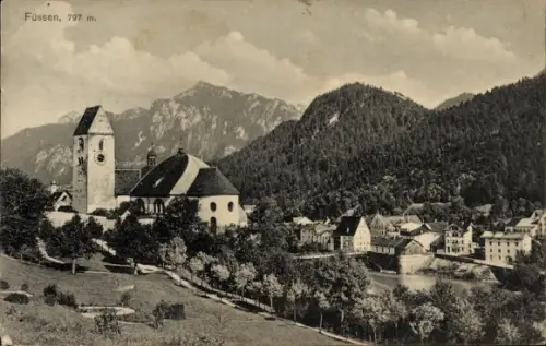 Ak Füssen im Allgäu,  797 m, Kirche, Berge, Fluss, Häuser