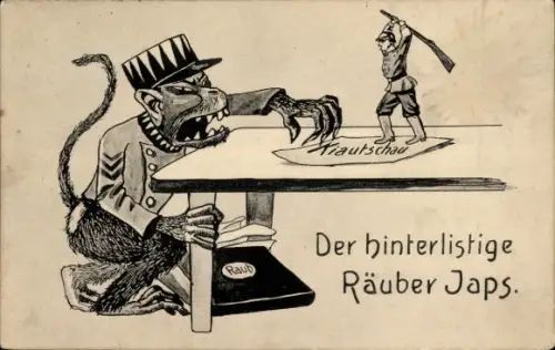Ak Der hinterlistige Räuber Japs, Affe als Japaner greift nach Kiautschau