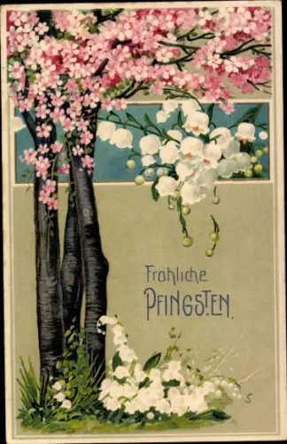 Präge Ak Fröhliche Pfingsten, Baumblüte, Kirschbaum, Maiglöckchen