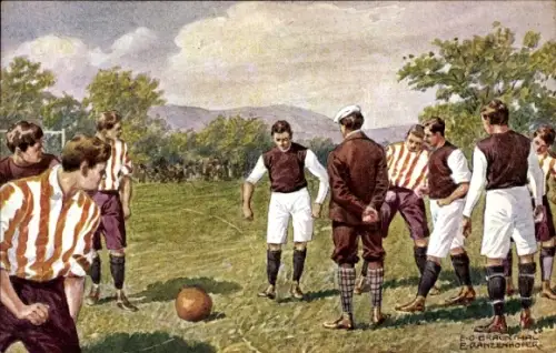 Künstler Ak Männer spielen Fußball, Sport