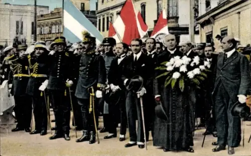 Ak Callao, Perú, Centenario 1921, Embajador Argentino, escuchando el Himno Nacional