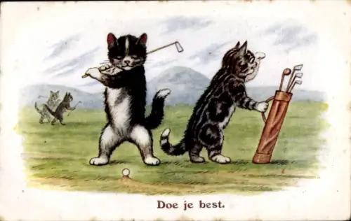 Ak Vermenschlichte Katzen spielen Golf