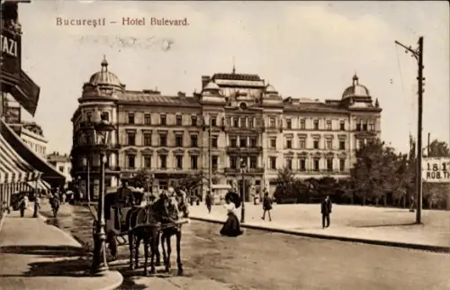Ak Bukarest Rumänien, Hotel Bulevard, Straßenansicht, Pferdekutsche