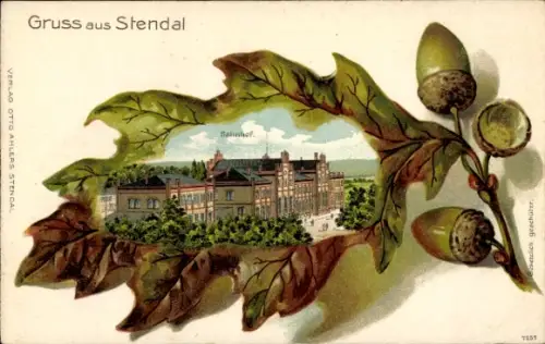 Eichenblatt Passepartout Litho Stendal in der Altmark, Bahnhof