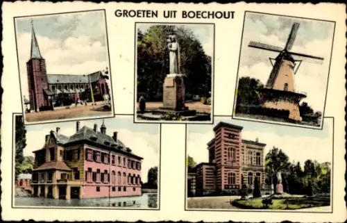 Ak Boechout Flandern Antwerpen, Kirche, Denkmal, Windmühle