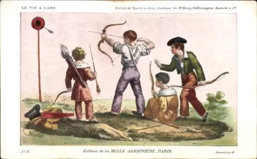 Künstler Ak Jungen üben sich in Bogenschießen, Bogen, Schießscheibe, Reklame, Belle Jardiniere Paris