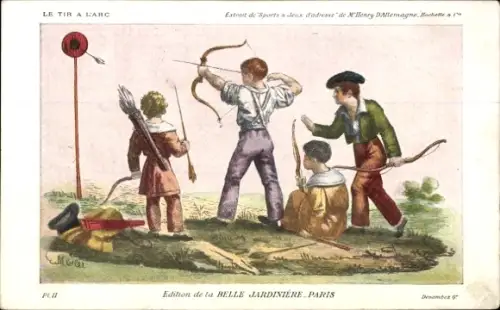 Künstler Ak Jungen üben sich in Bogenschießen, Bogen, Schießscheibe, Reklame, Belle Jardiniere Paris