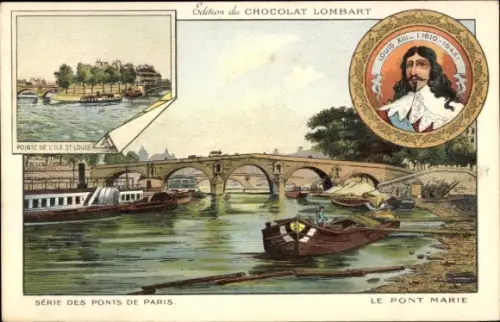 Litho Paris, Le Pont Marie, Louis XIII, Chocolat Lombart, Reklame