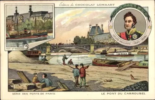 Litho Paris, Le Pont du Carrousel, Louis Philippe, Chocolat Lombart, Reklame, Angler