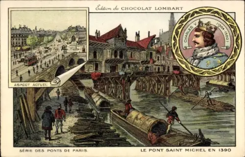 Litho Paris, Le Pont Saint Michelen, Charles V, Chocolat Lombart, Reklame