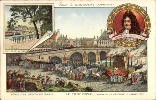 Litho Paris, Le Pont Royal, Louis XIV, Portrait, Chocolat Lombart, Reklame