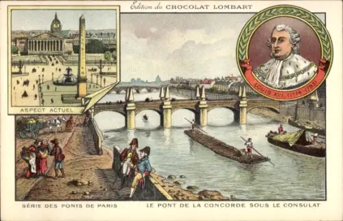 Litho Paris, Pont de la Concorde sous le Consulat, Louis XVI, Chocolat Lombart, Reklame