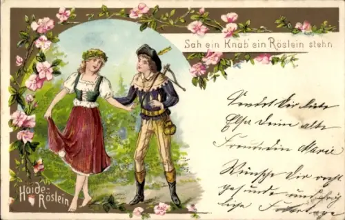 Lied Ak Sah ein Knab ein Röslein stehen, Präge Litho 