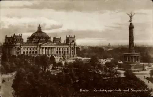 Ak Berlin Tiergarten, Reichstagsgebäude, Siegessäule