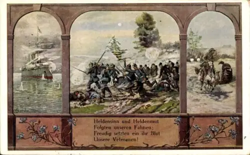 Künstler Ak Starcke, Deutsches Kriegsschiff, Schlachtszene, Heldensinn und Heldenmut