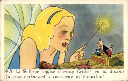 Künstler Ak La Fée Bleue baptise Jiminy Cricket, Tu seras dorénavant la conscience de Pinocchio