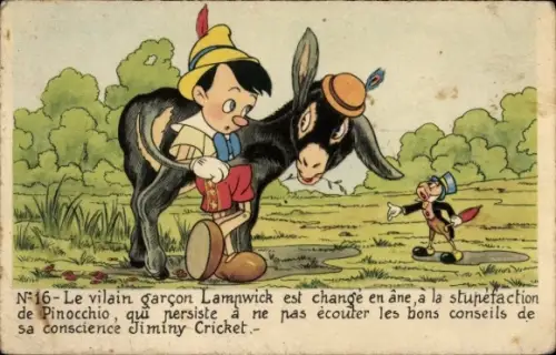 Ak Walt Disney, Comic, Pinocchio, Jiminy Grille, Esel