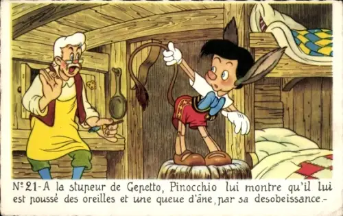 Künstler Ak Walt Disney, Pinocchio mit Eselsohren und Schwanz, Gepetto
