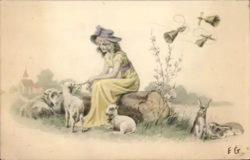 Ak Glückwunsch Ostern, junge Frau, Osterhasen, Lämmer