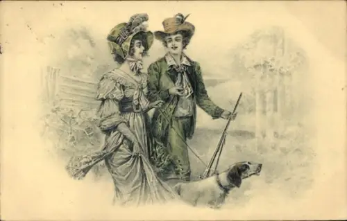 Litho Liebespaar mit einem Jagdhund, Jagd