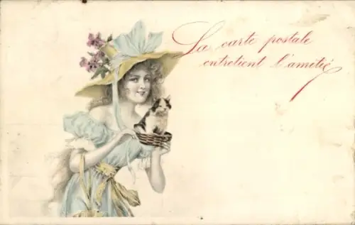 Litho Junge Frau mit Katze, Portrait