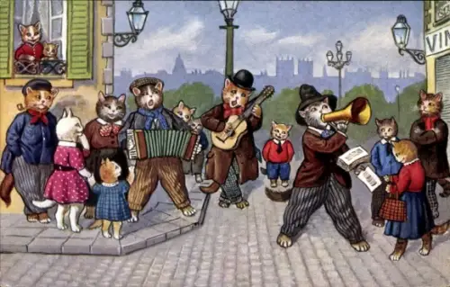 Ak Vermenschlichte Katzen musizieren auf der Straße, Musikinstrumente, Konzert