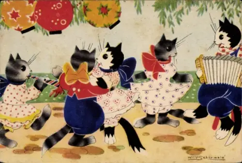 Künstler Ak Schermele, Willy, Tanzende Katzen