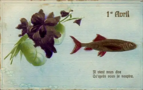 Präge Ak 1. April, Fisch, Blumen
