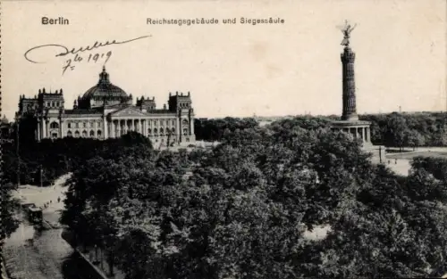 Ak Berlin Tiergarten, Reichstagsgebäude, Siegessäule