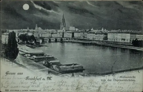 Mondschein Ak Frankfurt am Main, Mainansicht von der Obermainbrücke