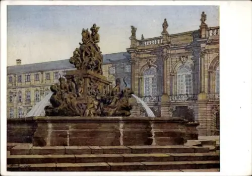 Künstler Ak Schmitz, Hans, Bayreuth, Markgrafenbrunnen mit Neuem Schloß