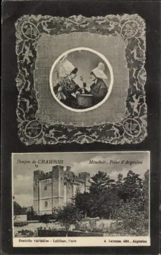 Ak Chambois Orne, Donjon, Dentelles, Mouchoir, Point d'Argentan, Costumes Auvergne