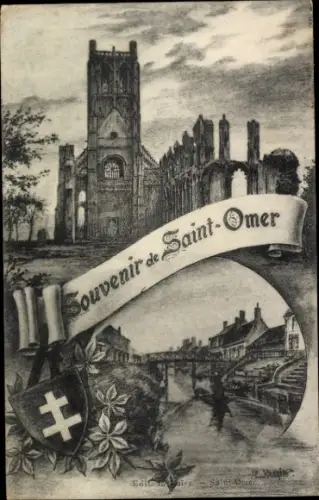 Ak Saint Omer Pas de Calais, Teilansicht mit Brücke, Kirche, Ruine