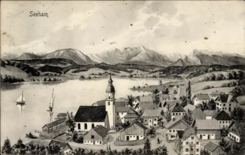 Ak Seeham in Salzburg, Kirchturm, Dorf mit Häusern, Ufersteg, Segelboote auf dem See, Berge im Hi