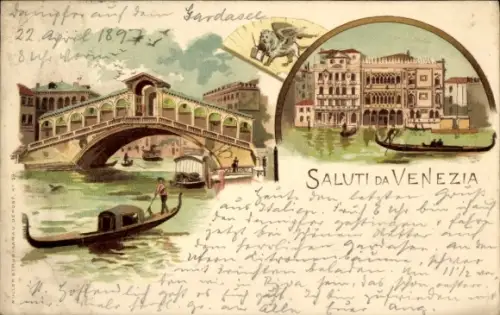 Litho Venezia Venedig Veneto, Gondeliere auf dem Fluss, Fächer, Villa