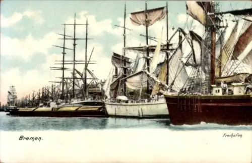 Ak Hansestadt Bremen, Freihafen, Schiffe