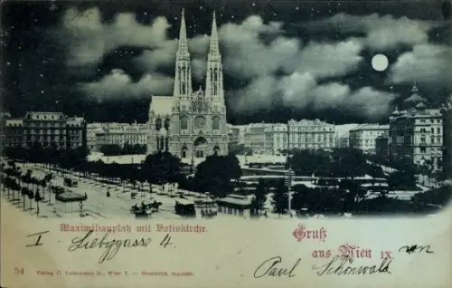 Mondschein Ak Wien 9 Alsergrund Österreich, Maximilianplatz mit Votivkirche