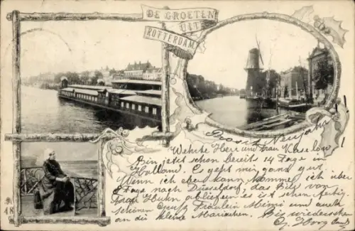 Ak Rotterdam Südholland Niederlande, Kanal, Windmühle, Frau in Tracht