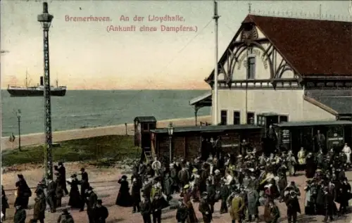 Ak Bremerhaven, An der Lloydhalle, Ankunft des Dampfers