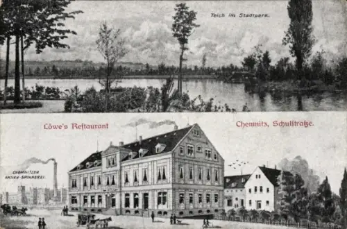 Ak Chemnitz in Sachsen, Teich mit Uferbepflanzung und Bäumen, Mehrstöckiges Restaurantgebäude, Pf