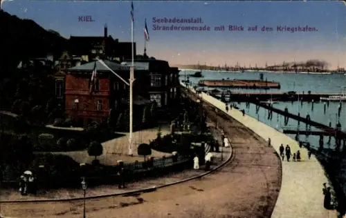 Ak Kiel,  Seebadeanstalt, Strandpromenade, Blick auf Kriegshafen