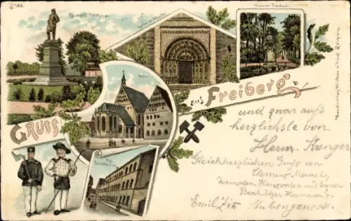 Litho Freiberg im Kreis Mittelsachsen, Bismarck Denkmal, Bergakademie, Goldene Pforte, Bergmänner