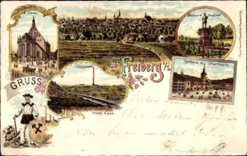 Litho Freiberg in Sachsen, Gesamtansicht, Bismarckdenkmal, Rathaus, Obermarkt, Hohe Esse, Dom