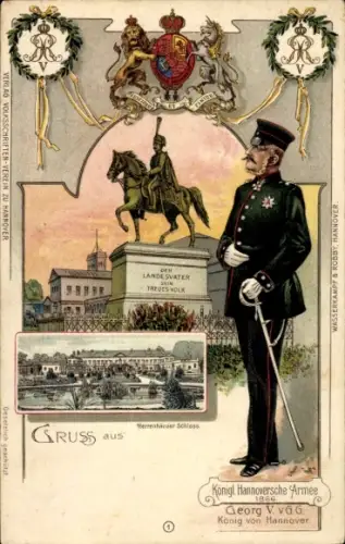 Litho Kgl. Hannoversche Armee 1866, König Georg V., Denkmal, Herrenhauser Schloss