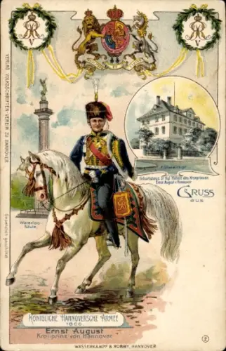 Litho Kgl. Hannoversche Armee 1866, Kronprinz Ernst August, Waterloo-Säule, Fürstenhof, Wappen