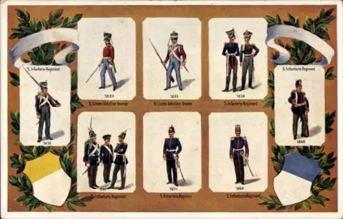 Künstler Ak 2. Hannoversches Infanterie-Regiment Nr. 77, 1833 - 1866, 5. Inf. Regt., Uniformbilder